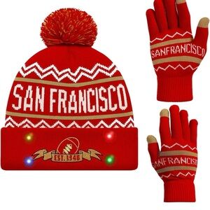 NWT San Francisco Red Knit Beanie and Gloves Set w LED Lights